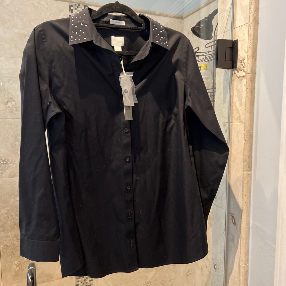 Chicos Effortless Glam Callie No Iron Blouse Black Pearl Rhinestone Shirt 1 M